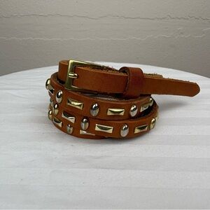 Light Brown‎ Tan Leather Belt Goldtone Silvertone Studded Skinny Belt Bohemian